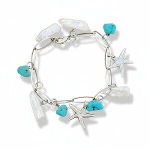 Turquoise Beads Mother Of Pearl with Starfish Charms Silver Bracelet 8" NWOT